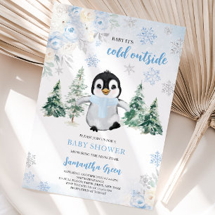 Blue Winter Penguin Baby Shower Invitation