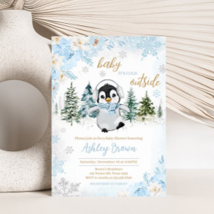 Blue Winter Penguin Baby Shower Invitation