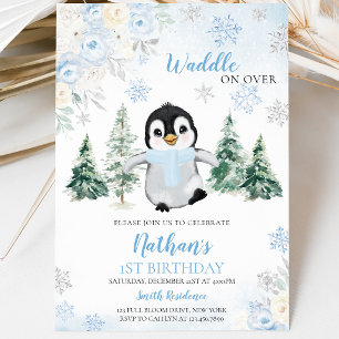 Blue Winter Penguin Birthday Party Invitation