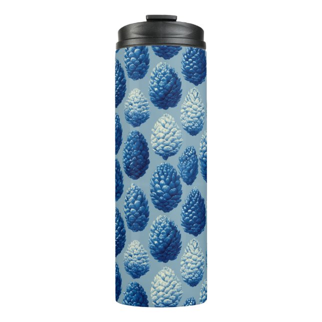 Blue Winter Pine Cone Pattern Thermal Tumbler (Front)