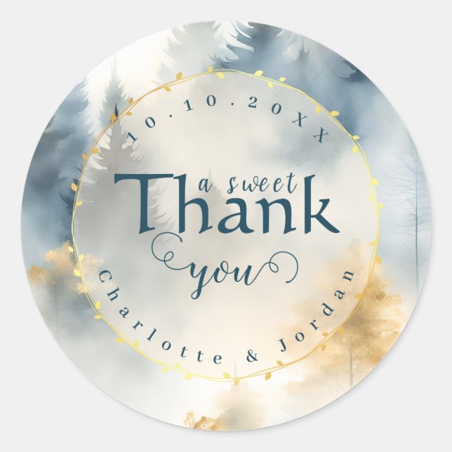 Blue Winter Pine Tree Forest Wedding Thank You Classic Round Sticker (Front)