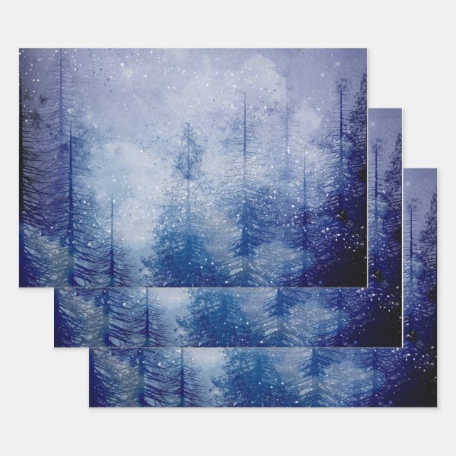 Blue Winter Pine Tree Forest Wrapping Paper Sheet (Set)