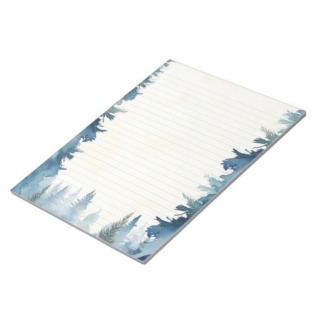 Blue winter pine trees lined notepad (Angled)