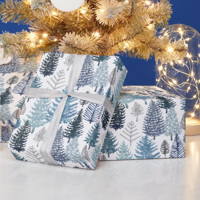 Blue Winter Pine Trees Wrapping Paper (Holidays)