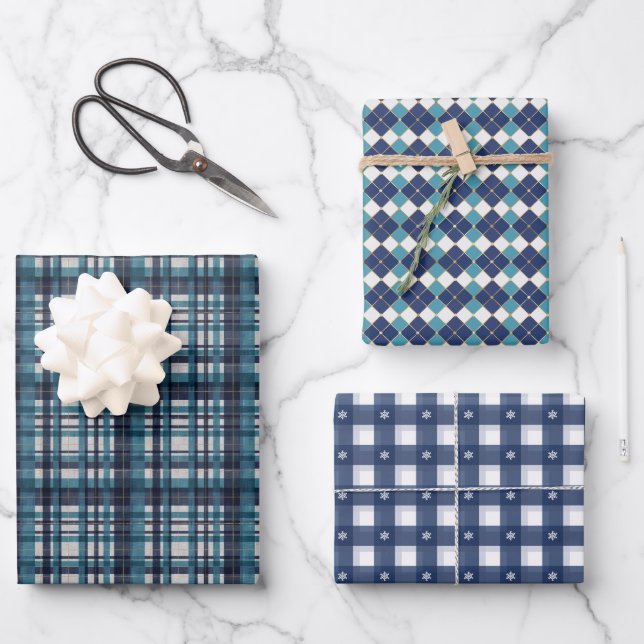 Blue Winter Plaid Assortment Wrapping Paper Sheet (Front)