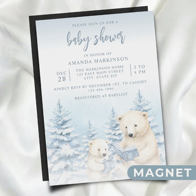 Blue Winter Polar Bear Watercolor Baby Shower Magnetic Invitation (Creator Uploaded)
