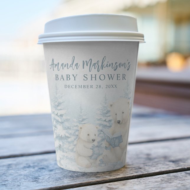 Blue Winter Polar Bear Watercolor Baby Shower Paper Cups (Creator Uploaded)
