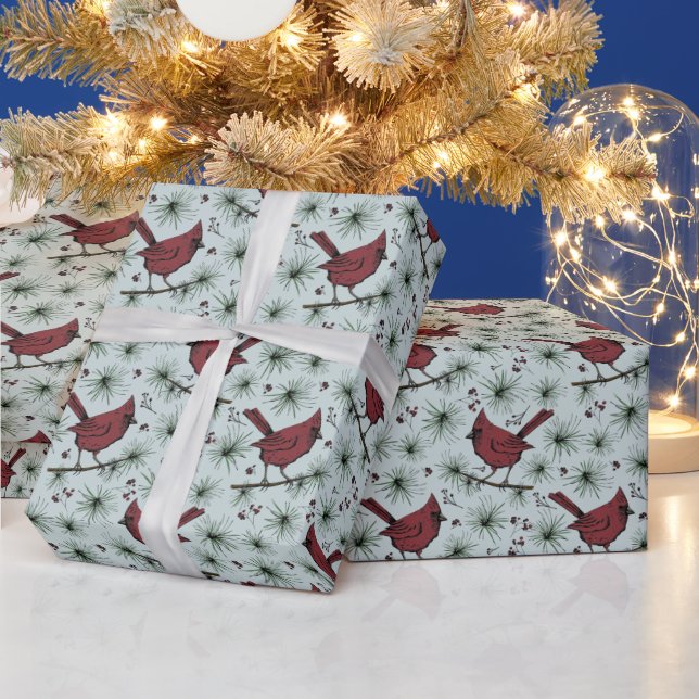 Blue Winter Red Cardinals Pattern Wrapping Paper (Holidays)