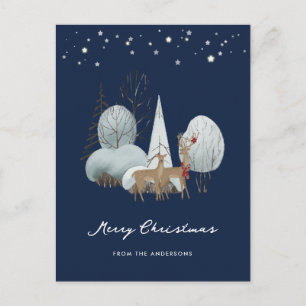 Blue Winter Scene Stars Forest Deer Christmas Holiday Postcard