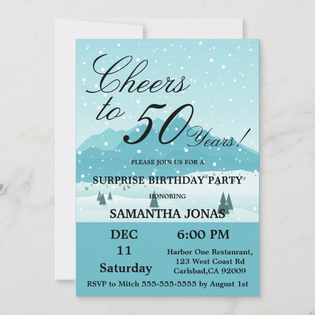 Blue Winter scenery Blue Surprise 50th Birthday Invitation (Front)