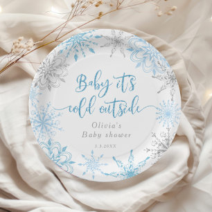 Blue winter silver snowflakes baby shower Balloon Paper Plate
