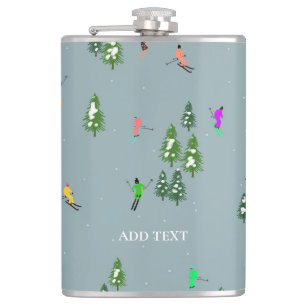 Blue Winter Skiers Skiing pattern  Hip Flask