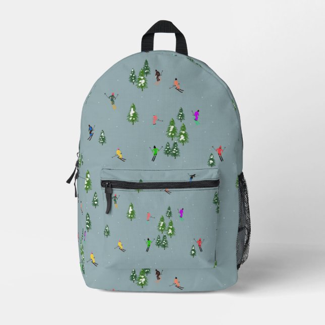 Blue Winter Skiers Skiing pattern  Printed Backpack (Front)