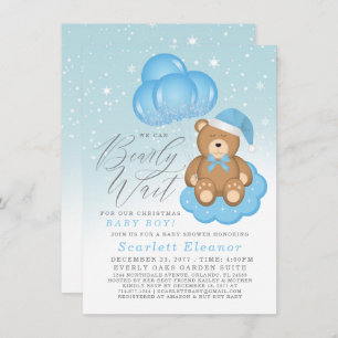 Blue Winter Sleepy Bear Balloons Boy Baby Shower Invitation
