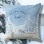 Blue Winter Snow Christmas be White Family Name Cushion<br><div class="desc">"Winter Snow Forest Christmas be White Family Name Lumbar Pillow." All artwork was painted by hand in acrylic on canvas by internationally acclaimed and licensed artist, Audrey Jeanne Roberts. This design features an elegant, blue and white winter snow scene with deer and a fresh snow fall weighing down the mountain...</div>