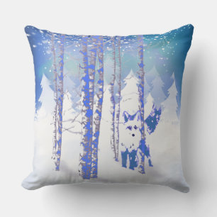 Blue Winter Snow Forest Fox Animal Cushion