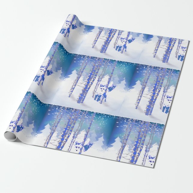 Blue Winter Snow Forest Fox Animal Wrapping Paper (Unrolled)