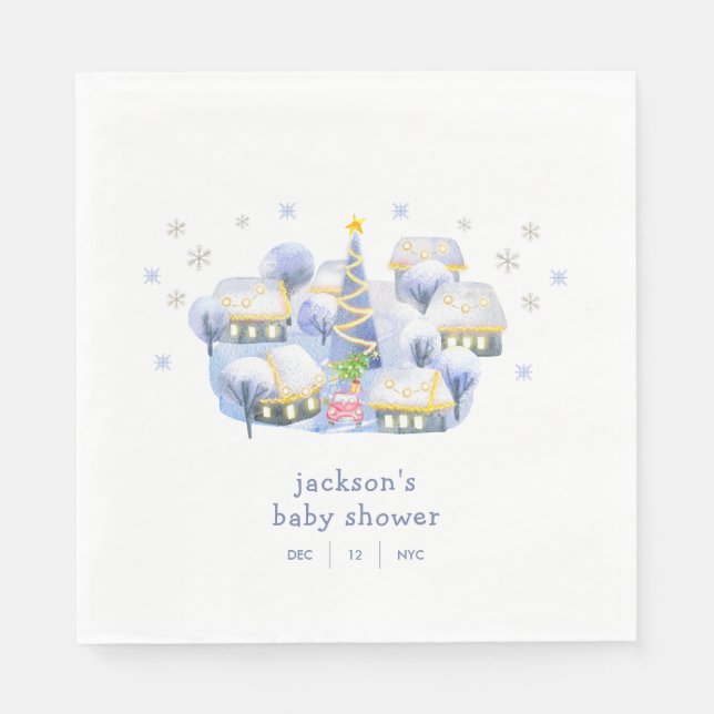 Blue Winter Snow It Take A Village Baby Shower  Napkin (Front)