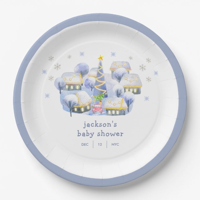 Blue Winter Snow It Take A Village Baby Shower  Paper Plate (Front)