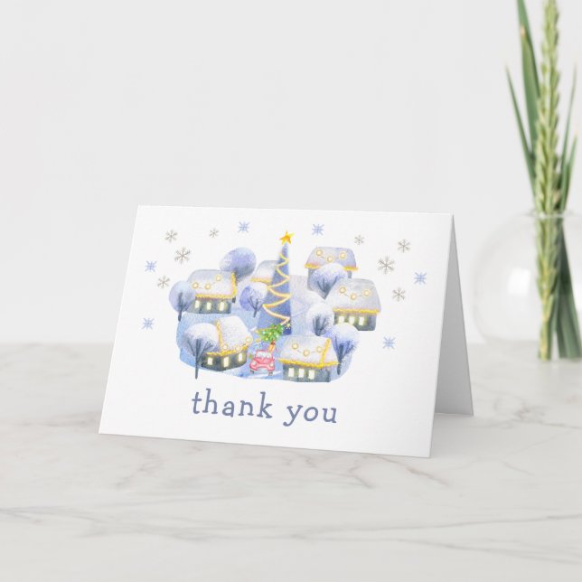 Blue Winter Snow It Take A Village Baby Shower  Thank You Card (Front)