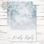 Blue Winter Snow Modern Wedding Dinner RSVP Card<br><div class="desc">Embrace the magic of a winter wonderland with our enchanting wedding response card with dinner choices. Imagine a soft, dusty blue canvas reminiscent of a twilight sky, sprinkled with delicate white snowflakes as they gently fall. Ethereal bokeh lights shimmer above, evoking a sense of joyous celebration. A crisp white base,...</div>