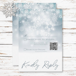 Blue Winter Snow Modern Wedding QR Code RSVP Card
