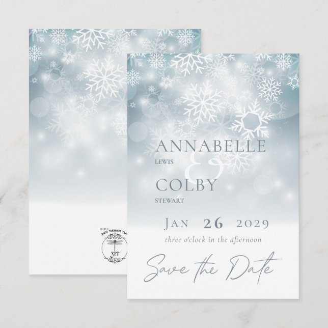 Blue Winter Snow Modern Wedding Save The Date (Front/Back)