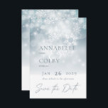 Blue Winter Snow Modern Wedding Save The Date<br><div class="desc">This design features a soft bokeh blue sky highlighting a snowfall on a bed on white. This design is part of the Blue Winter Snow Modern Wedding Suite Collection.</div>