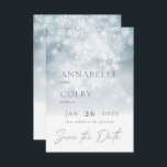 Blue Winter Snow Modern Wedding Save The Date<br><div class="desc">This design features a soft bokeh blue sky highlighting a snowfall on a bed on white. This design is part of the Blue Winter Snow Modern Wedding Suite Collection.</div>