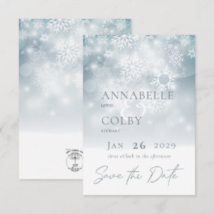 Blue Winter Snow Modern Wedding Save The Date