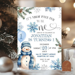 Blue Winter Snow Much Fun First Birthday Invitation
