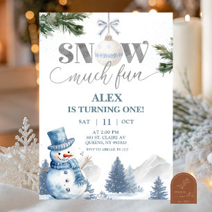 Blue Winter Snow Much Fun To Be One Birthday Invitation