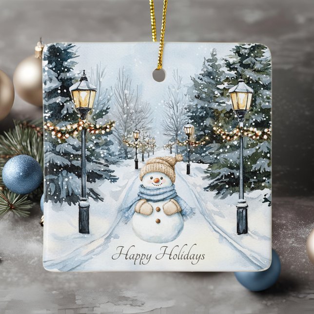 Blue Winter Snow Watercolor Snowman Happy Holidays Ceramic Ornament (Creator Uploaded)