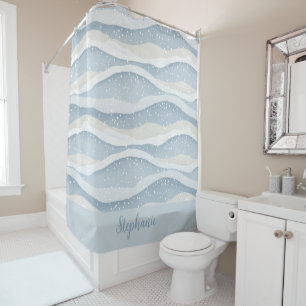 Blue Winter Snowfall Monogram Wave Shower Curtain