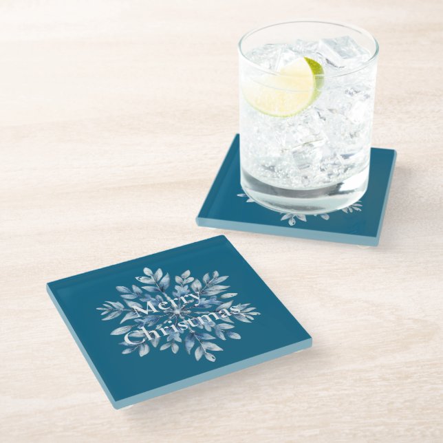 Blue Winter Snowflake Christmas Glass Coaster (Angled)