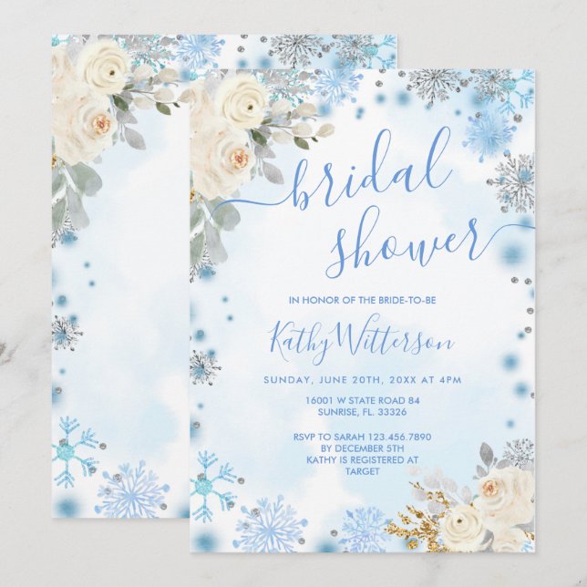 Blue Winter Snowflake Floral Bridal Shower  Invitation (Front/Back)