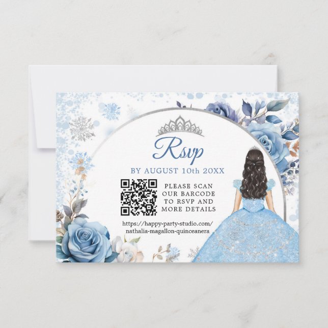 Blue Winter Snowflake Mis Quince QR Code RSVP Card (Front)