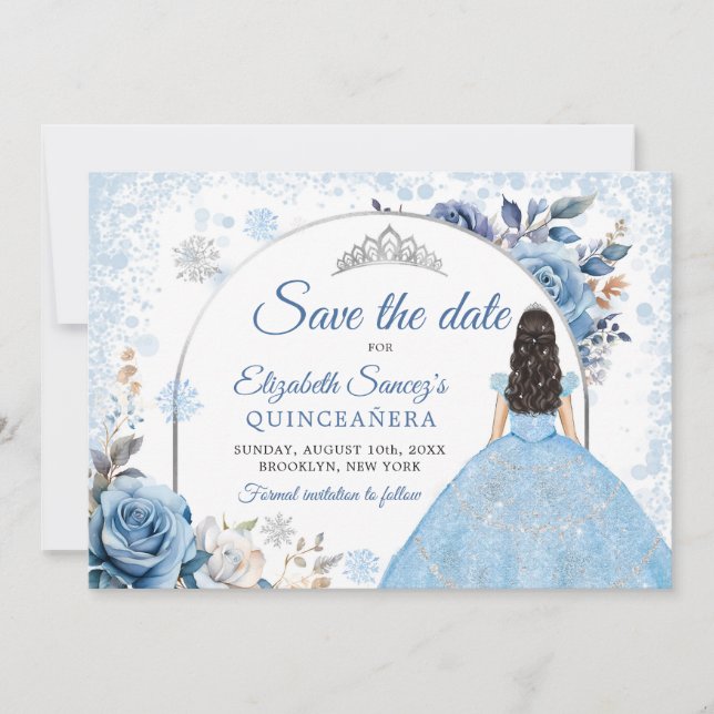 Blue Winter Snowflake Mis Quince Save The Date Invitation (Front)