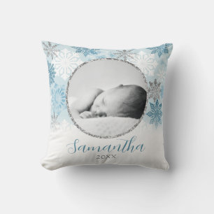 Blue Winter Snowflake Personalised Baby Photo Cushion