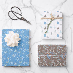 Blue Winter Snowflakes Christmas Trees Wrapping Paper Sheet