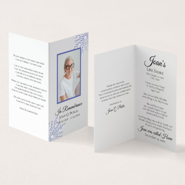 Blue Winter Snowflakes Funeral Memorial Prayer Business Card (Inside and Outside)