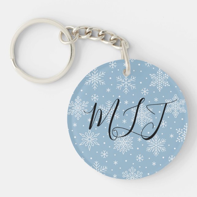 Blue Winter Snowflakes Initial Monogram  Key Ring (Front)