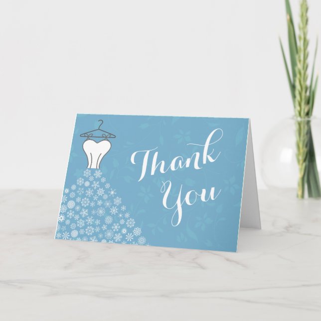 Blue Winter Snowflakes Wedding Dress Thank You Card (Front)