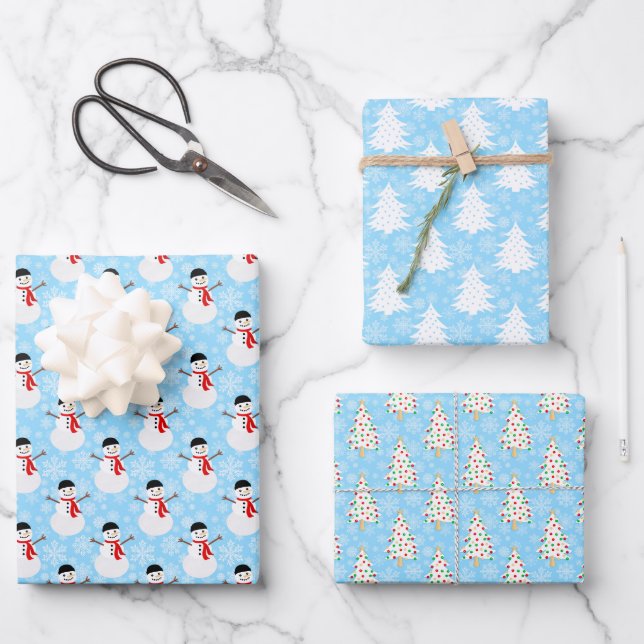 Blue Winter Snowman and Christmas Tree Wrapping Paper Sheet (Front)