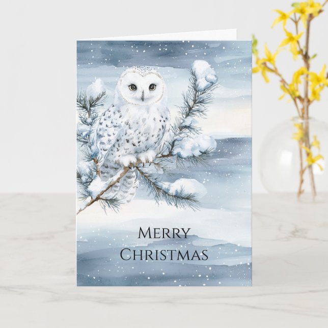 Blue Winter Snowy Owl Christmas   Card (Yellow Flower)