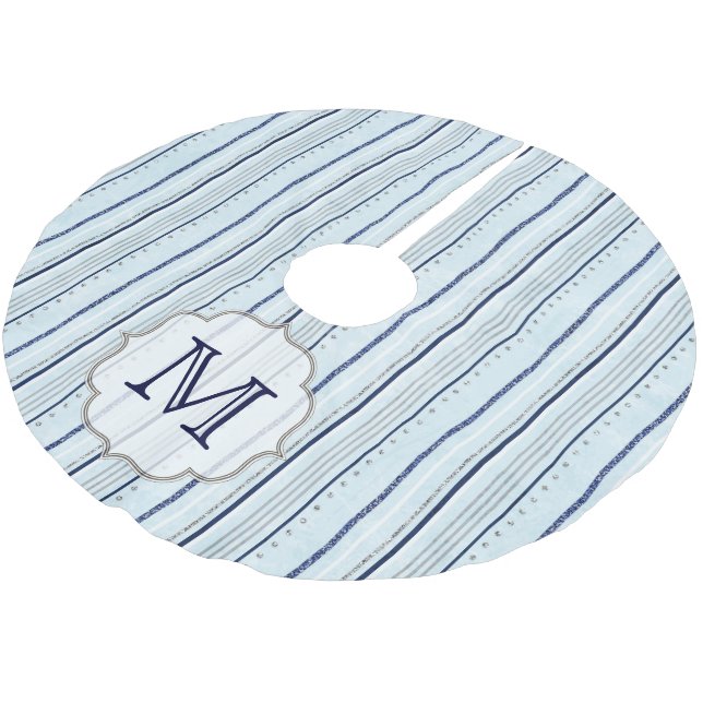 Blue Winter Stripes Monogram Initial Tree Skirt (Angled)