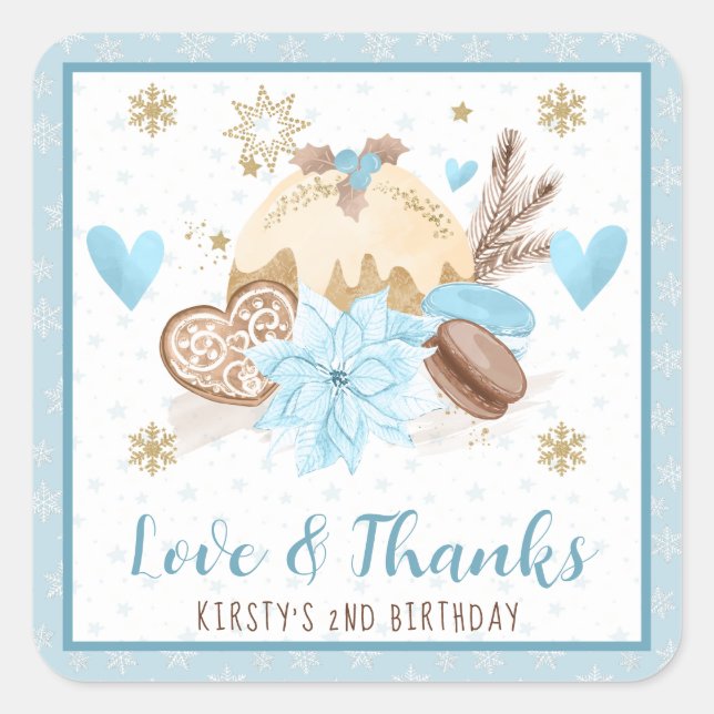 Blue Winter Sweets Birthday Party Favour Square Sticker (Front)