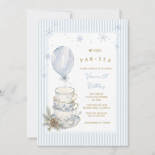 Blue Winter Tea Party First Birthday Snowflakes Invitation