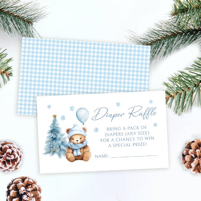 Blue Winter Teddy Bear Baby Shower Diaper Raffle Enclosure Card (Creator Uploaded)