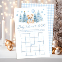 Blue Winter Teddy Bear Bow Baby Shower Game Bingo